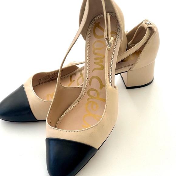 Sam Edleman Leah cap toe pumps black tan size 7.5 shoes sling backs - Picture 2 of 8
